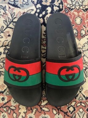 Gucci Interlocking GG Black Slides with Red and Green Stripe Logo Size 13